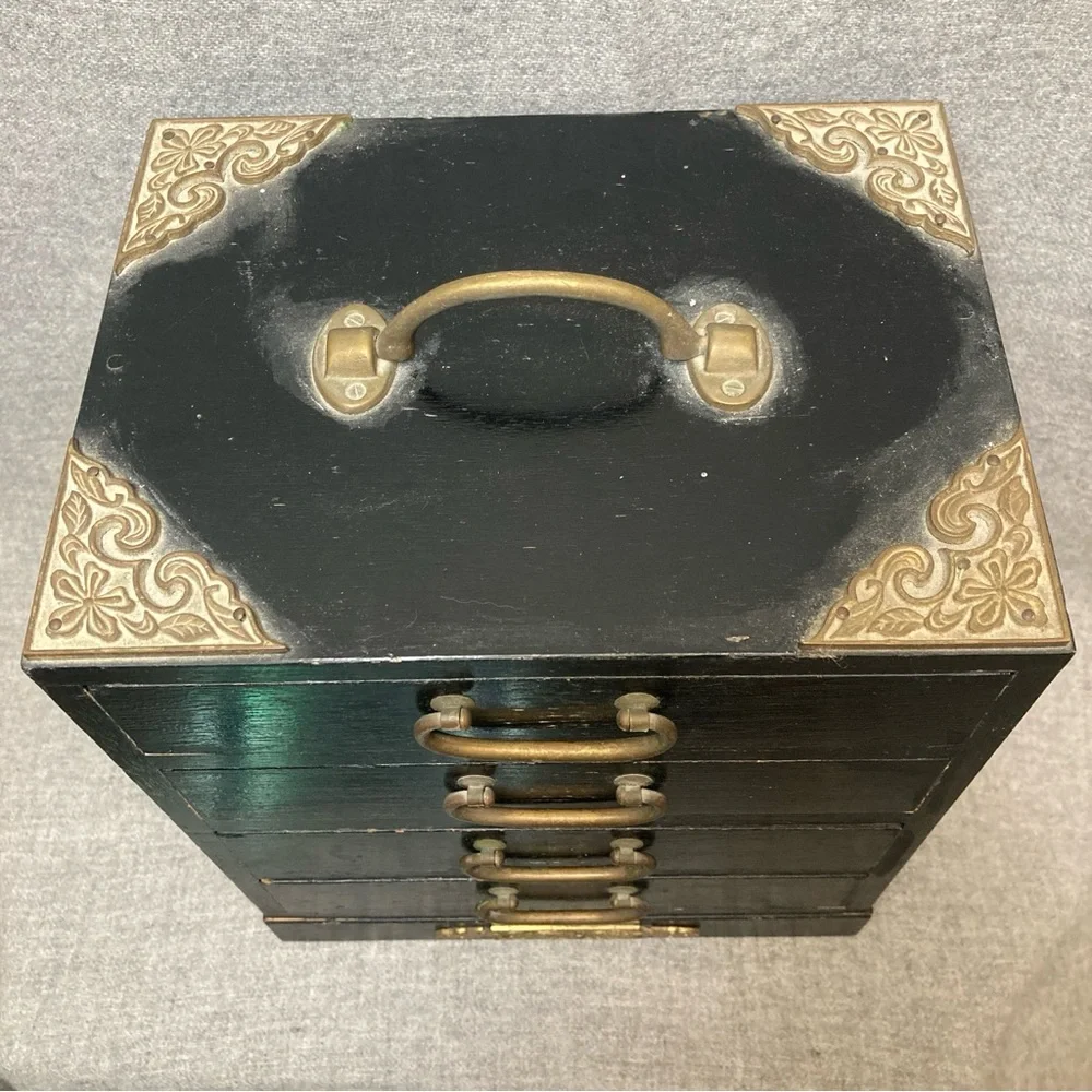 Vintage Japanese Tansu Jewelry Chest Box 4 Lined Drawers Antique Brass Hardware